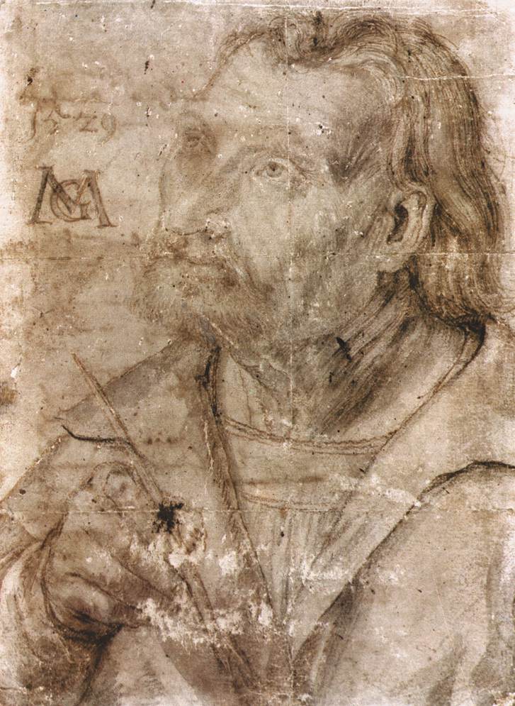 This drawing was once regarded as a self-portrait of Grünewald, but according to recent research, it is a study of Saint John on Patmos writing the biblical Book of Revelation.