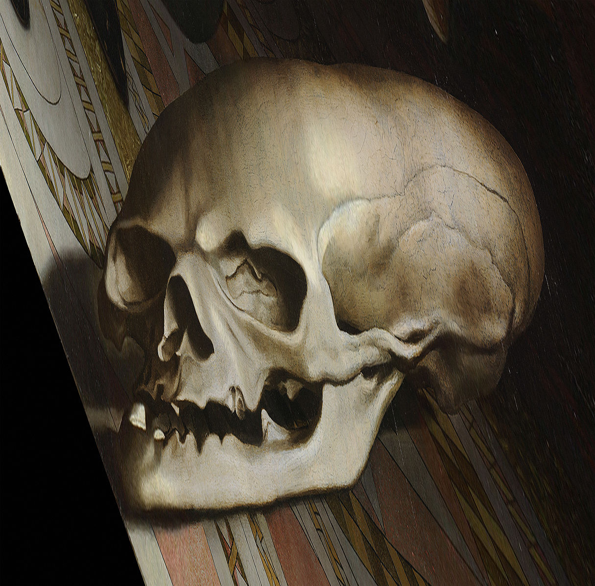 The anamorphic skull as revealed by standing parallel to the painting.